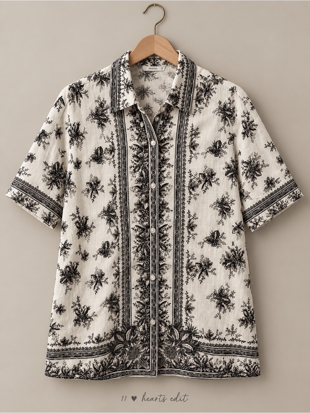 Max Studio London Black Cream Botanical Border Print Camp Shirt M NWT